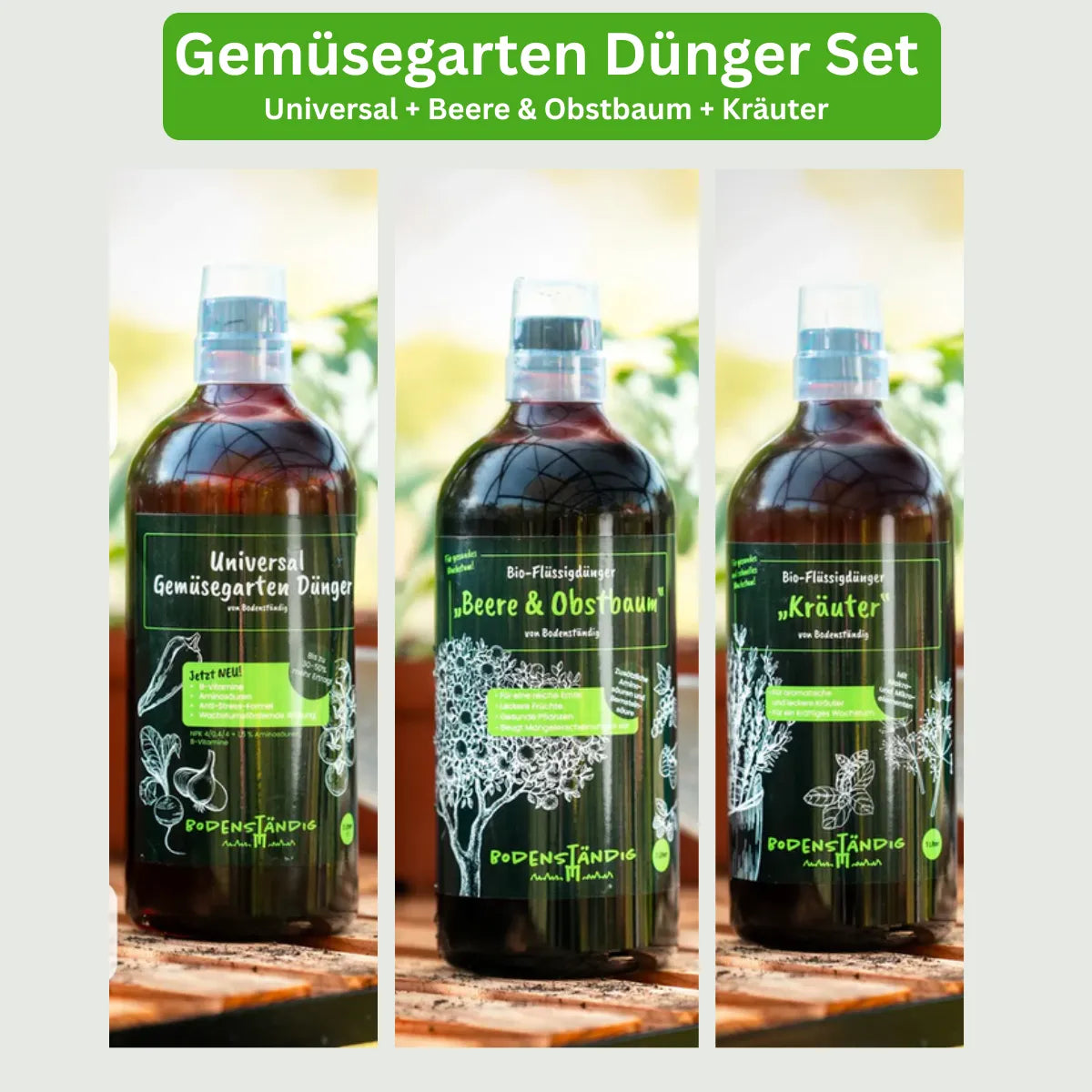 Gemüsegarten Dünger Set — Universal, Beere & Obstbaum, Kräuter (3× 1L Bio)