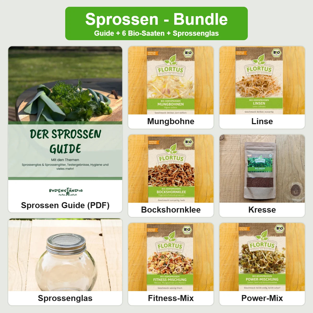 Sprossen Starter-Set inkl. Guide — 6 Bio-Saaten & Sprossenglas
